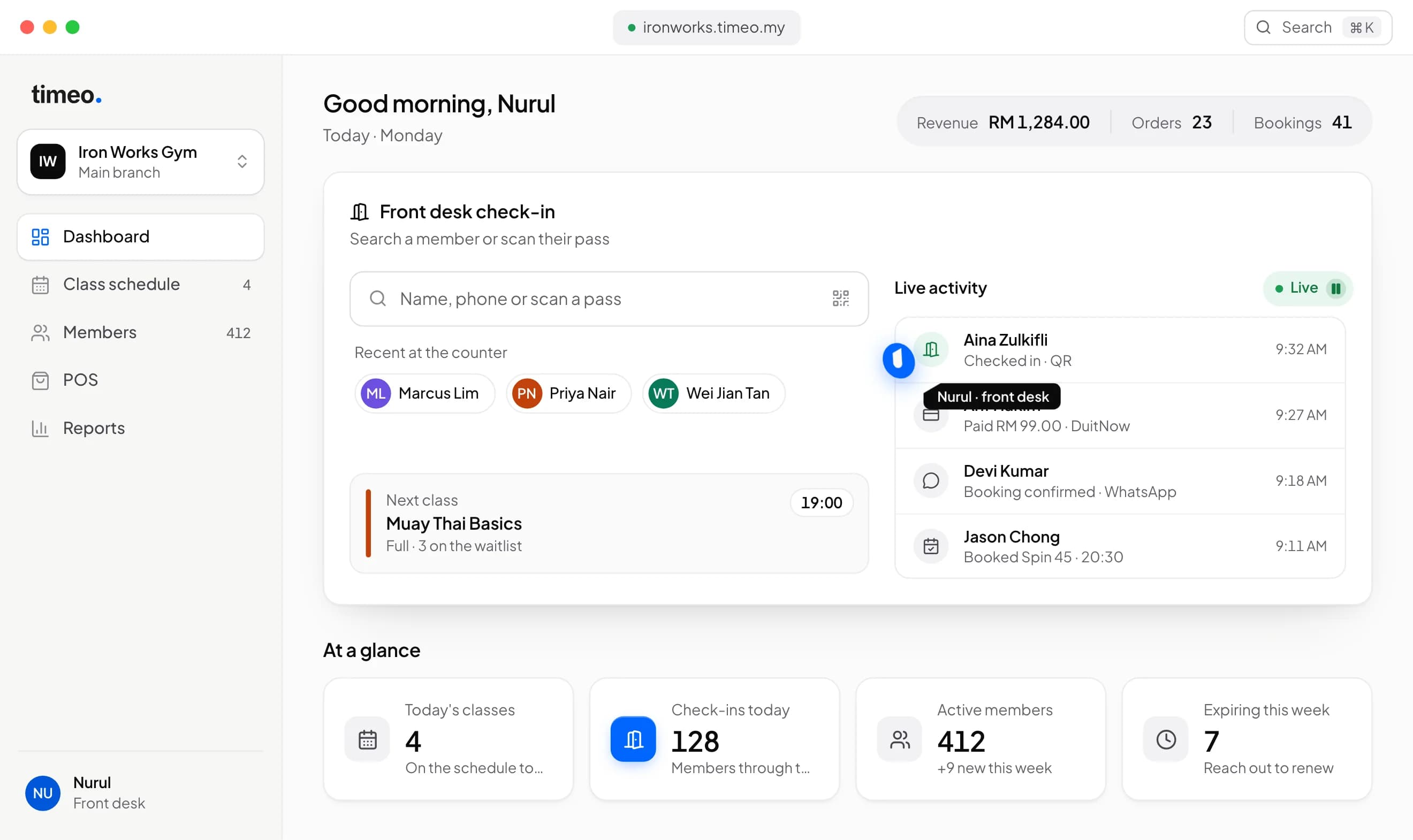 Timeo staff dashboard set up as a sample business: front desk check-in, live activity and today's numbers