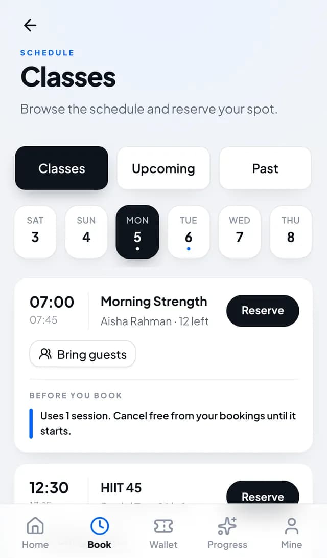 Member app class booking screen with a Reserve button